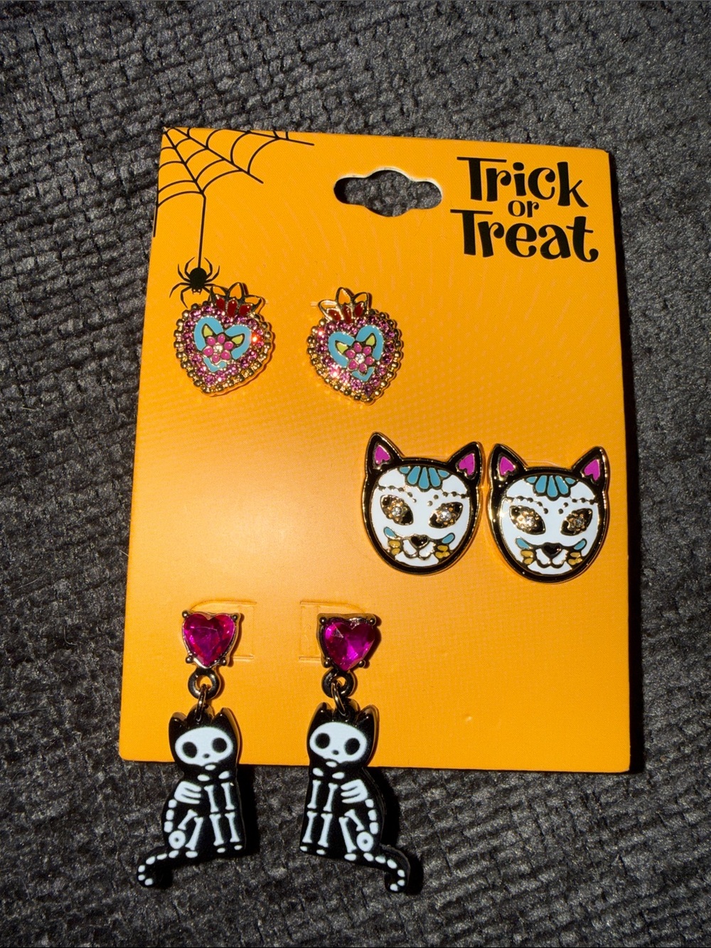 NWT Halloween Earrings 3 Sets : hearts, cats and cat skeleton with glitz.